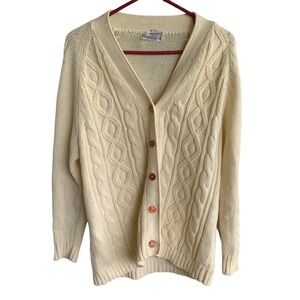 Vintage Cable Knit Cardigan Sweater Adult Large Women’s 70s Sweater Cream